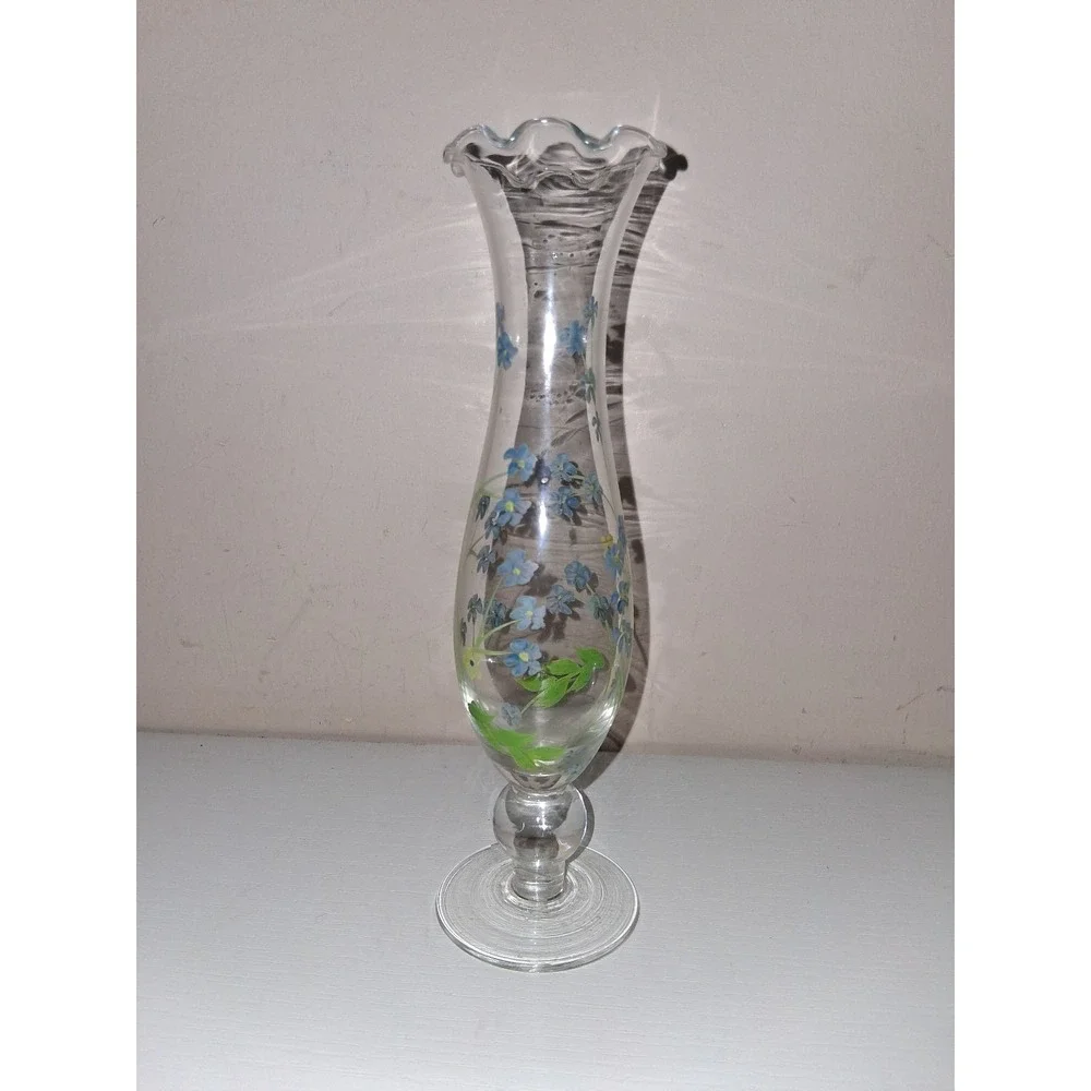 Vintage Hand Painted Glass Bud Vase Forget Me Not Flowers Ruffled Rim 7.5